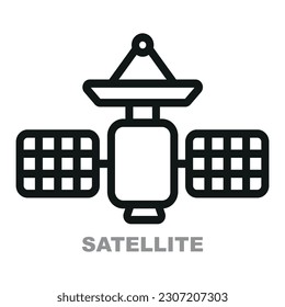 The satellite icon is designed in a trendy line style. This icon embodies the concept of satellite technology, symbolizing communication, data transmission, and exploration.