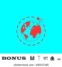 Satellite icon flat. Red pictogram on blue background. Vector illustration symbol and bonus buttons Music center, corkscrew, credit card, house, drum
