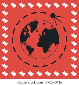 Satellite icon flat. Simple black pictogram on red background with white hearts for valentines day. Vector illustration symbol