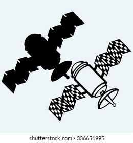 Satellite icon. Isolated on blue background. Vector silhouettes