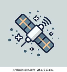 Satellite icon radiating cosmic information cartoon flat design illustration