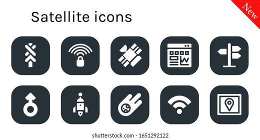 Satellite Icon Set. 10 Filled Satellite Icons.  Simple Modern Icons Such As: Road Sign, Wifi Signal, Satellite, Traffic, Mars, Rocket, Meteorite, Gps