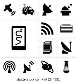 Satellite icon. set of 13 filled satelliteicons such as business center building, satellite, wi-fi, tv van, signal, planet and satellite, observatory
