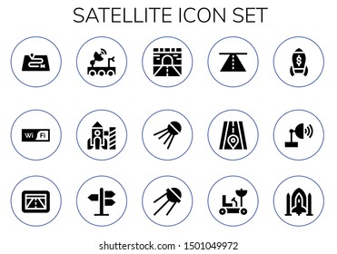 satellite icon set. 15 filled satellite icons.  Collection Of - Route, Wifi, Satellite dish, Rocket, Road, Sputnik, Gps, Road sign, Moon rover, Spaceship