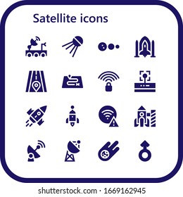 Satellite Icon Set. 16 Filled Satellite Icons. Included Satellite Dish, Sputnik, Solar System, Spaceship, Road, Route, Wifi Signal, Wifi, Rocket, Meteorite, Mars Icons