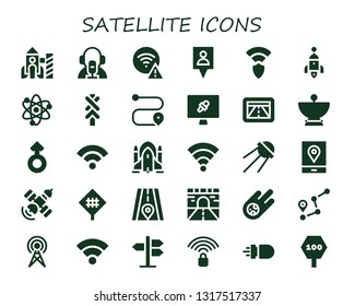 satellite icon set. 30 filled satellite icons.  Collection Of - Rocket, News reporter, Wifi, Gps, Wireless, Solar system, Road sign, Route, News report, Satellite dish, Mars, Wifi signal