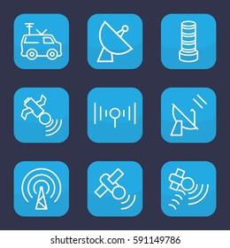 satellite icon. Set of 9 outline satellite icons such as business center building, satellite, TV van