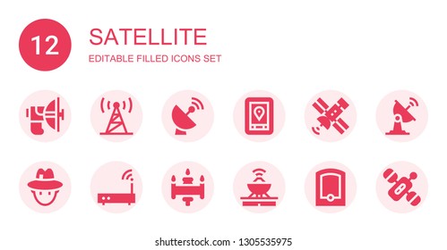 satellite icon set. Collection of 12 filled satellite icons included Parabolic, Signal, Satellite dish, Gps, Journalist, Wifi, Antenna