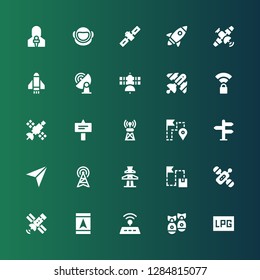satellite icon set. Collection of 25 filled satellite icons included Signaling, Missile, Wifi, Gps, Satellite, Route, Antenna, Navigator, Signal, Wireless, Rocket, Astronaut, News reporter
