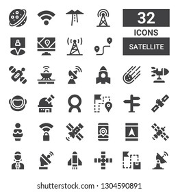 satellite icon set. Collection of 32 filled satellite icons included Satellite dish, Route, Rocket, News reporter, Gps, Wireless, Venus, Signal, Comet, Observatory