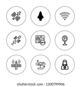 Satellite icon set. collection of 9 outline satellite icons with gps, news reporter, satellite, rocket, signal, wifi icons. editable icons.