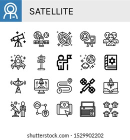 satellite icon set. Collection of Astronaut, Stargazing, Satellite, Galaxy, Astronomy, Alien, Rocket, Signaling, Universe, Spellbook, Broadcast, Distance, Space station icons