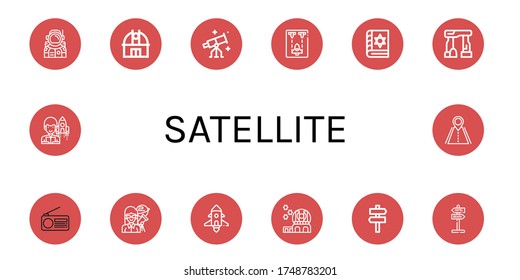 Satelliten-Icon-Set. Astronautensammlung, Observatorium, Sterngazing, Raumschip, Spellbuch, Dolmen, Radio, Astronomieprogramm, Signalgebung, Straßensymbole