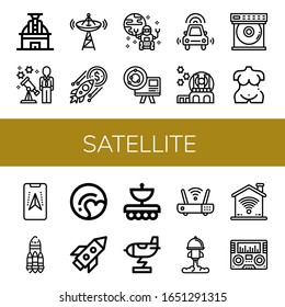 Satellite Icon Set. Collection Of Observatory, Stargazing, Broadcast, Rocket, Rover, Astronomy, Autonomous Car, Dvd Player, Venus, Gps, Pluto, Antenna, Wifi, Radio Icons