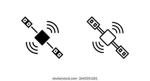 Satellite icon set showing orbiting device for space or communication.