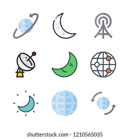 satellite icon set. vector set about radio antenna, moon, satellite dish and worldwide icons set.