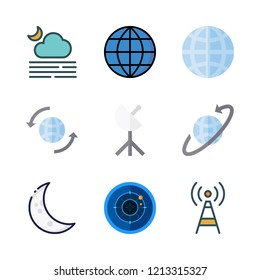 satellite icon set. vector set about worldwide, radar, satellite dish and moon icons set.