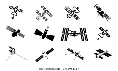Ícone de satélite definido em estilo de silhueta vetorial mostrando tecnologia de espaço para comunicação, pesquisa e modelos de design EPS.