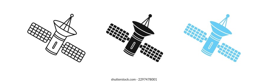 Satellite icon. Space symbol. Internet communication signs. Earth satelite symbols. Telecommunication connection icons. Black, blue color. Vector isolated sign.