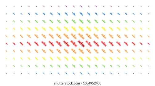 Satellite icon spectral halftone pattern. Vector satellite items are organized into halftone array with vertical rainbow colors gradient. Designed for backgrounds, covers,