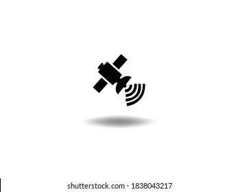 Ilustración del vector de iconos por satélite. Símbolo de comunicación espacial. signo de tecnología satelital inalámbrica, emblema aislado en fondo blanco con sombra, estilo plano para diseño gráfico y web, logotipo. 