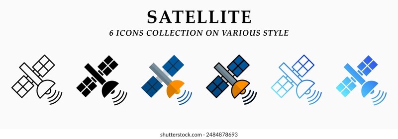 Satellite icons collection. 6 Various styles. Lineal, solid Black, flat, lineal color and gradient. For sign, symbol, presentation, infographic or web graphics. Vector Illustration.