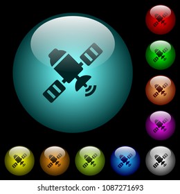 Satellite icons in color illuminated spherical glass buttons on black background. Can be used to black or dark templates
