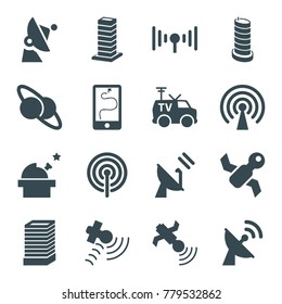 Satellite icons. set of 16 editable filled satellite icons such as business center building, observatory, tv van, signal