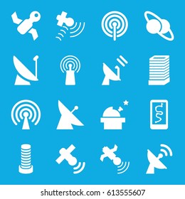 Satellite icons set. set of 16 satellite filled icons such as business center building, signal, observatory