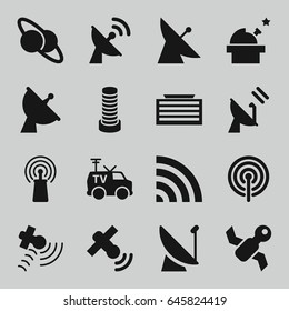 Satellite icons set. set of 16 satellite filled icons such as business center building, signal, wi-fi, tv van