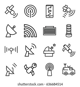 Satellite icons set. set of 16 satellite outline icons such as business center building, satellite, signal, wi-fi, tv van, observatory