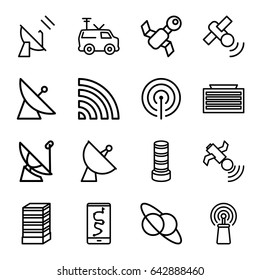 Satellite icons set. set of 16 satellite outline icons such as business center building, signal, wi-fi, tv van