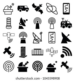 Satellite icons. set of 25 editable filled and outline satellite icons such as route and phone, observatory, signal, tv van, business center building
