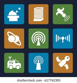 Satellite icons set. set of 9 satellite filled icons such as business center building, signal, TV van