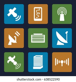 Satellite icons set. set of 9 satellite filled icons such as business center building, signal, satellite