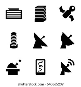 Satellite icons set. set of 9 satellite filled icons such as satellite, business center building, observatory