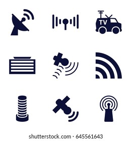 Satellite icons set. set of 9 satellite filled icons such as business center building, signal, satellite, wi-fi