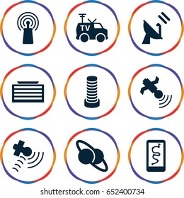 Satellite icons set. set of 9 satellite filled icons such as business center building, signal, tv van