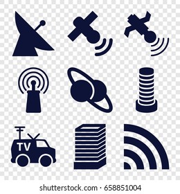 Satellite icons set. set of 9 satellite filled icons such as business center building, signal, wi-fi