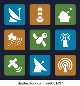 Satellite icons set. set of 9 satellite filled icons such as satellite, business center building, signal