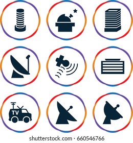 Satellite icons set. set of 9 satellite filled icons such as satellite, business center building, tv van
