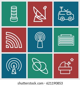 Satellite icons set. set of 9 satellite outline icons such as business center building, signal, wi-fi, TV van