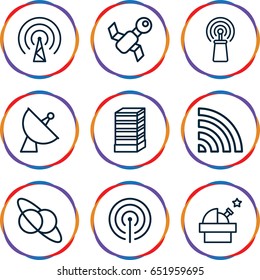 Satellite icons set. set of 9 satellite outline icons such as business center building, signal, wi-fi