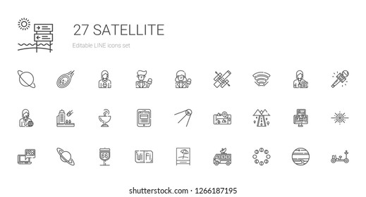 Satellite Icons Set. Collection Of Satellite With Moon Phases, Satellite Dish, Signal, Wifi, Route, Saturn, Gps, Road, News Report, Meteorite. Editable And Scalable Satellite Icons.