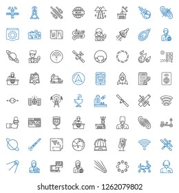 satellite icons set. Collection of satellite with news reporter, mars rover, moon phases, comet, gps, journalist, space station, wifi, observatory. Editable and scalable satellite icons.