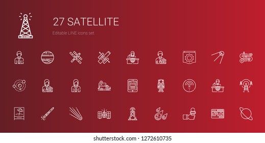 satellite icons set. Collection of satellite with news reporter, meteorite, antenna, comet, rocket ship, signal, wifi, astronaut, news report. Editable and scalable satellite icons.