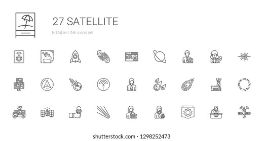 satellite icons set. Collection of satellite with signal, news reporter, journalist, comet, satellite dish, meteorite, wifi, asteroid, navigator. Editable and scalable icons.