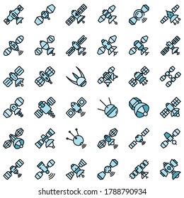 Satellite icons set. Outline set of satellite vector icons thin line color flat on white