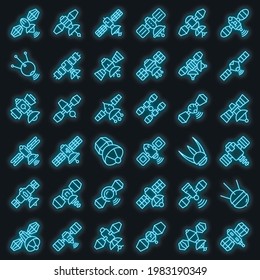 Satellite icons set. Outline set of satellite vector icons neon color on black