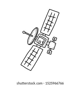 satellite information poster with large lacquers. artificial mechanical object moving along predetermined trajectory transmits signals earth, drawn flamboyant cartoon style, art design.